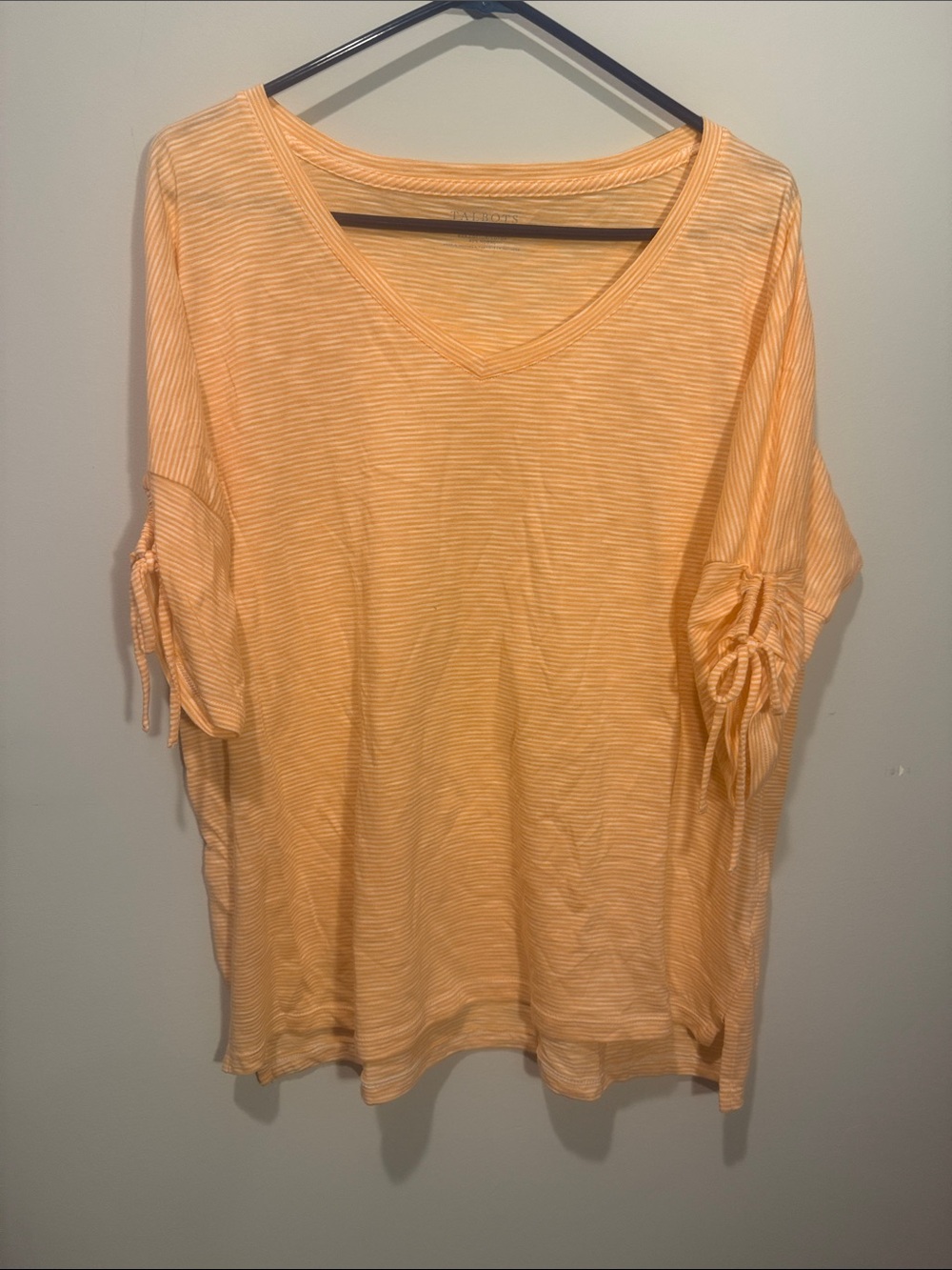 Talbots Peach-Striped V-Neck Tie-Sleeve Top